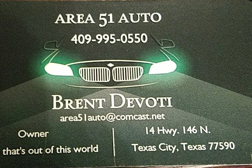 Business card of Brent Devoti, owner of Area 51 Auto